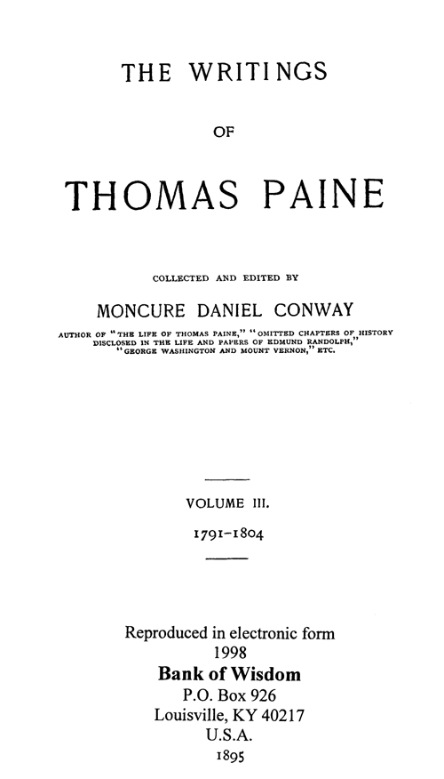 (image for) The Writings of Thomas Paine, Vol. 3 of 4 Vols. - Click Image to Close